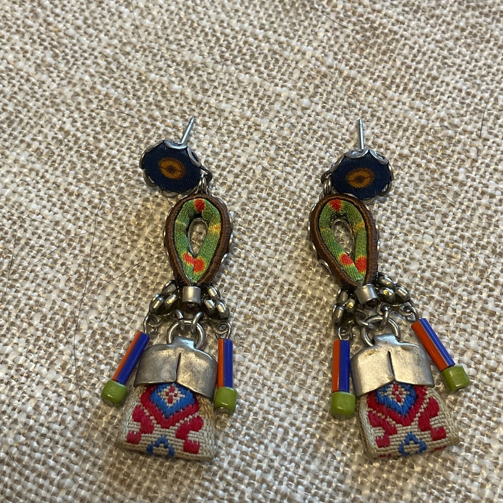 Ayalabar Boho Drop Earrings with Green, Blue & Red Accents